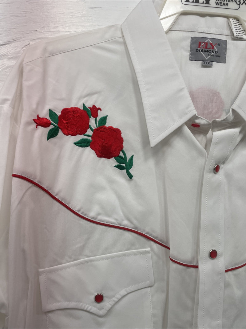 New Men’s ELY diamond White With Red Roses Long Sleeve Pearl Snap XXXL E-15