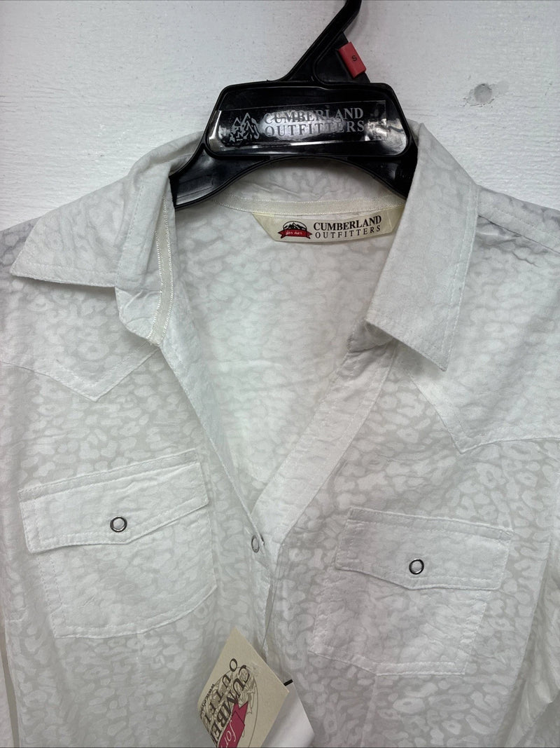 New Women’s Cumberland White Cheetah Print Long Sleeve Pearl Snap Small LL-2