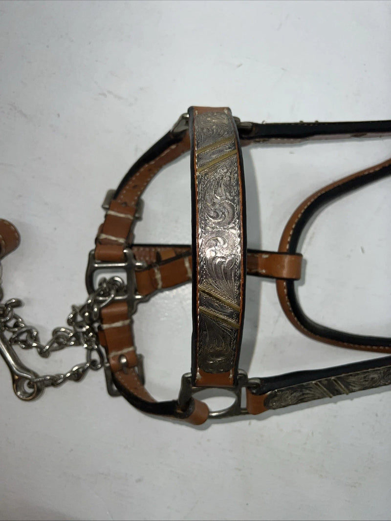New Light Oil Genuine Leather Show Halter With Lead Rope Silver Accents W-22