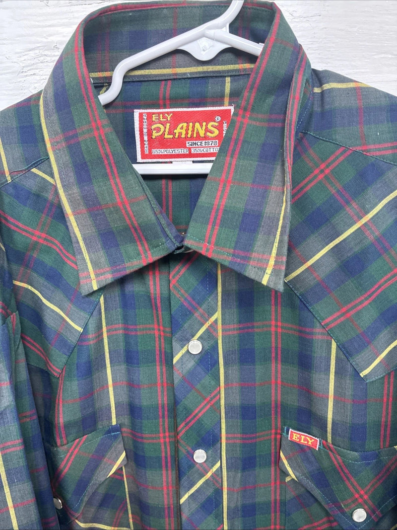 New Men’s ELY Plains Green Multicolor Plaid Long Sleeve Pearl Snap Large M-39