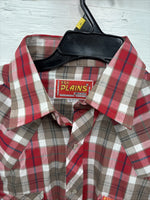 New Men’s ELY Plains Red Brown Plaid Long Sleeve Pearl Snap Medium X-42