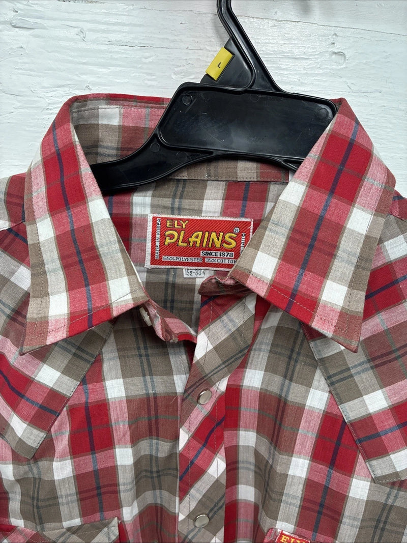 New Men’s ELY Plains Red Brown Plaid Long Sleeve Pearl Snap Medium X-42