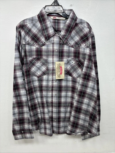 New Women’s Cumberland Purple Plaid Long Sleeve Pearl Snap 2XL GG-24