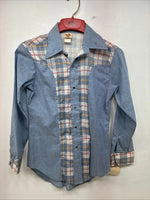 New Women’s Western Art Blue Plaid Long Sleeve Pearl Snap Size 16 TT-109