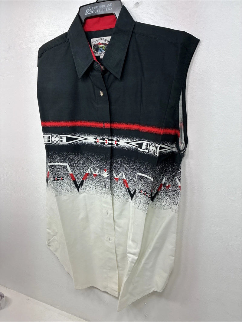 New women’s Cumberland Black White Design Short Sleeve Button Up Large MM-123