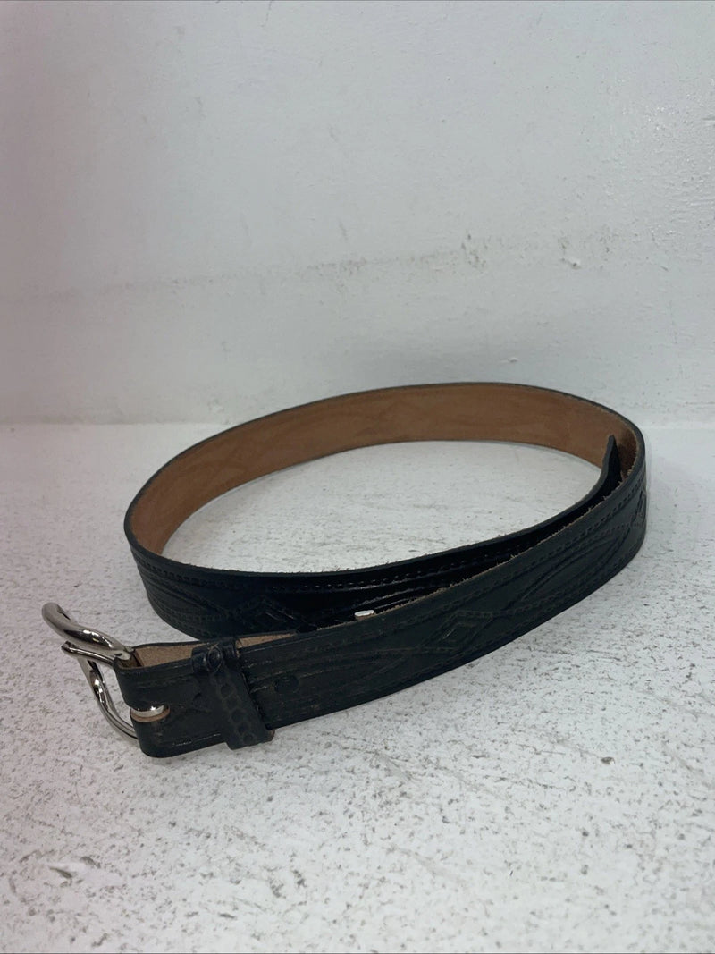 New Black Genuine Leather Tooled Belt 34” #JC608 Z-4