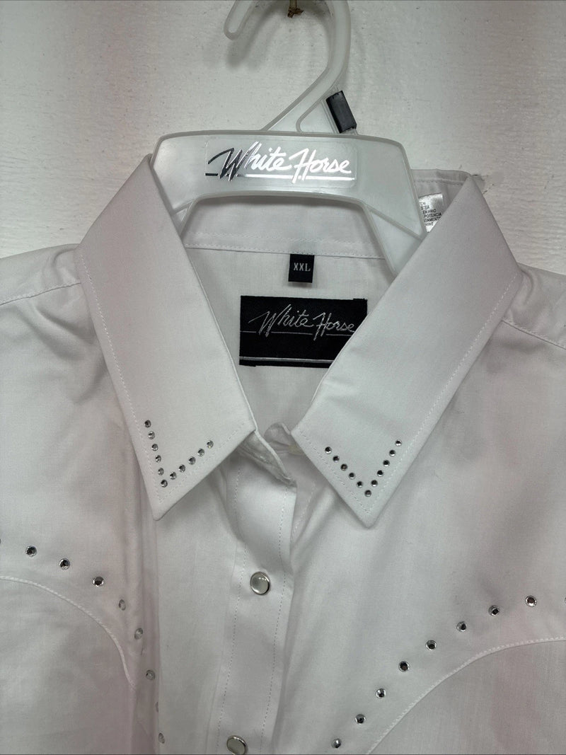 New Women’s White Horse White Gem Long Sleeve Pearl Snap 2XL II-1