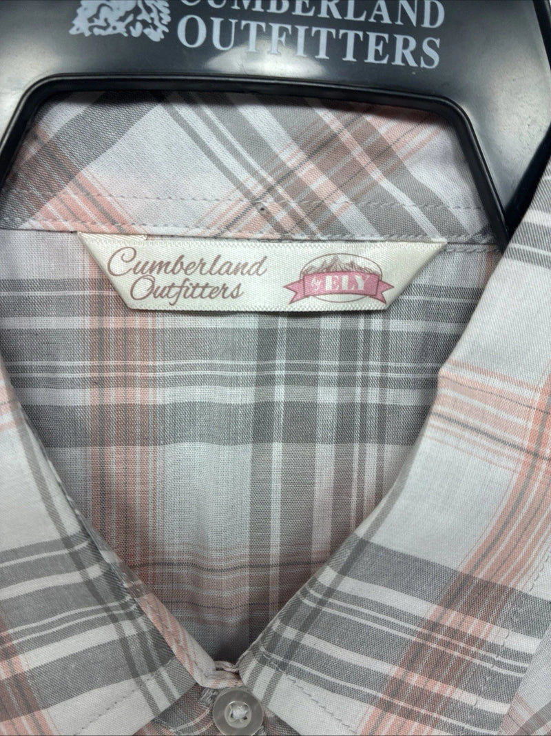 New Women’s Cumberland Pink Gray Plaid Short Sleeve Pearl Snap Large GG-77