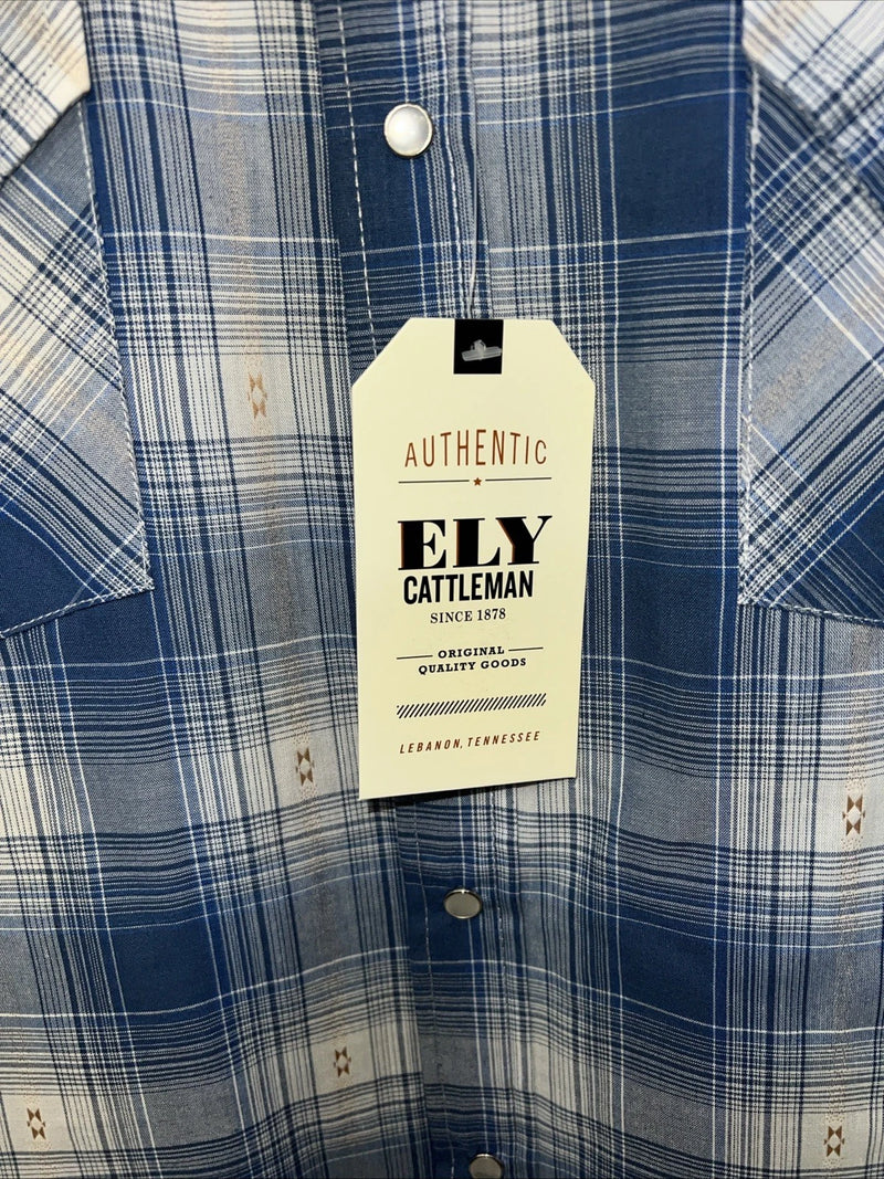 New Men’s Blue Paid ELY Cattleman Long Sleeve Pearl Snap Shirt. Large P-54