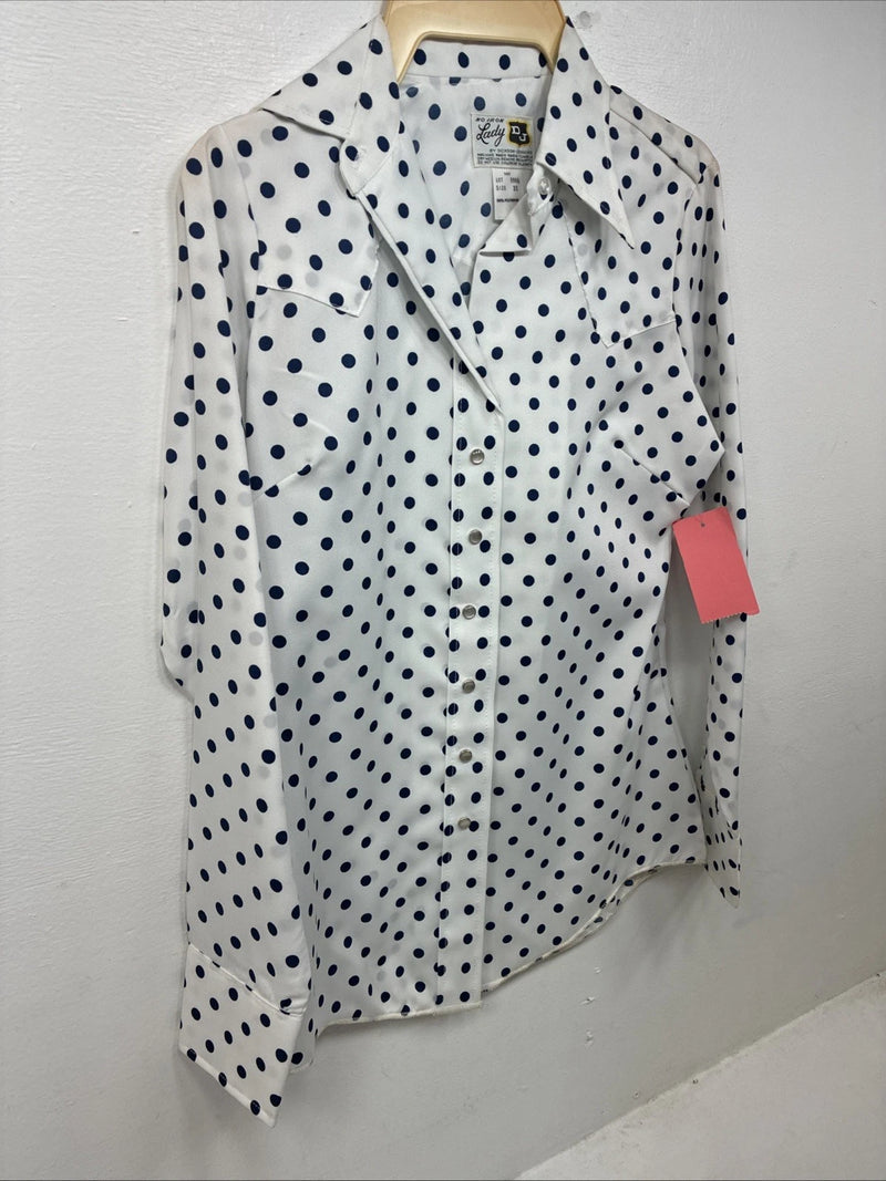 New Women’s Dickson Jenkins White Polkadot Long Sleeve Pearl Snap Size 32 KK-59