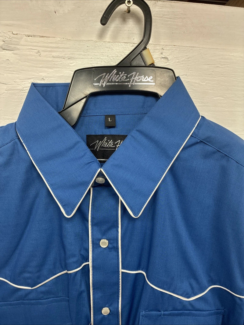 New Men’s White Horse Blue Long Sleeve Pearl Snap Large CC-28