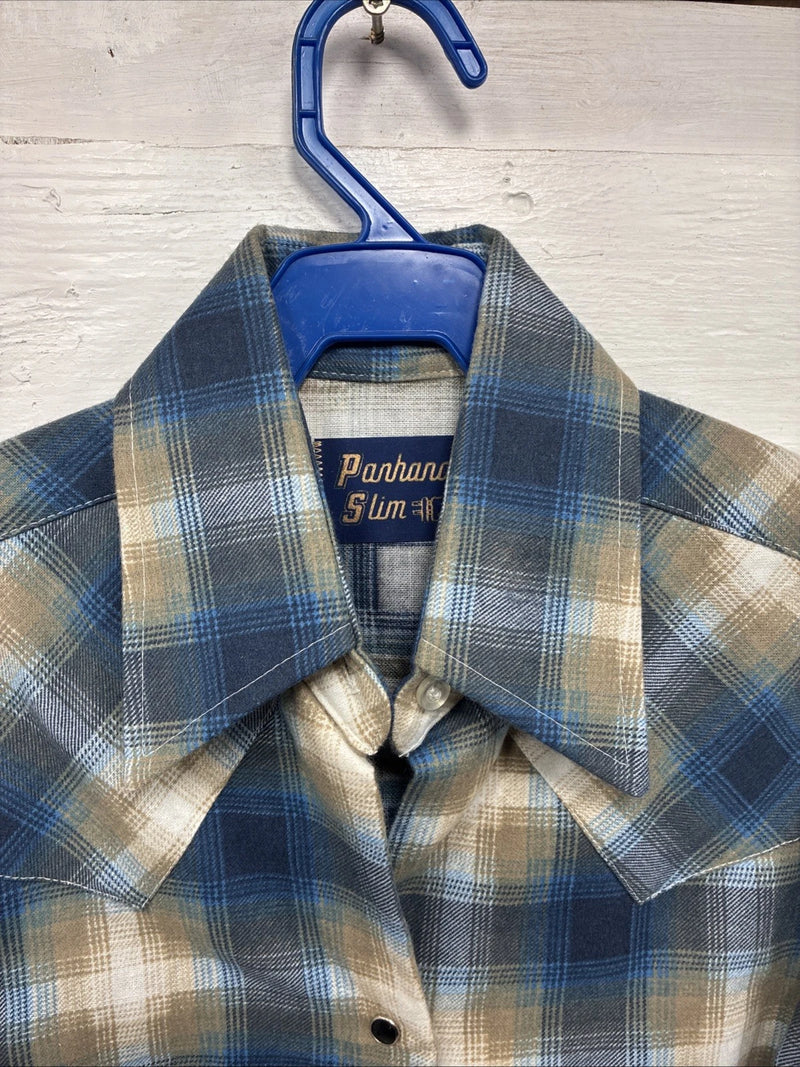 New Kids Panhandle Slim Blue Green Plaid Long Sleeve Pearl Snap Size 10 CC-83
