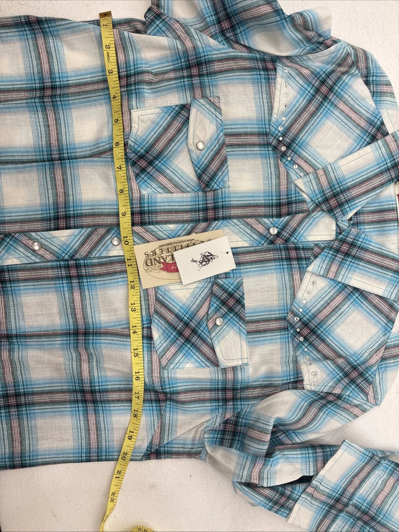 New Women’s Cumberland Blue Plaid Long Sleeve Pearl Snap Large GG-78