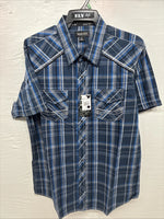 New Men’s ELY 1878 Blue Gray Plaid Short Sleeve Pearl Snap XL O-71