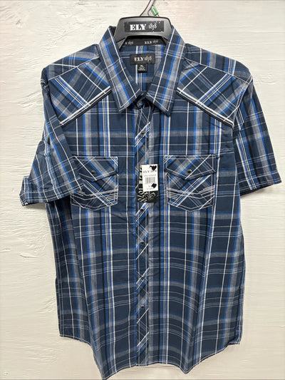 New Men’s ELY 1878 Blue Gray Plaid Short Sleeve Pearl Snap XL O-71