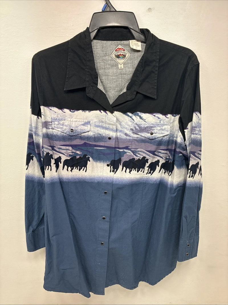 New Women’s Cumberland Multicolor Horse Design Long Sleeve Pearl Snap 2XL GG-42