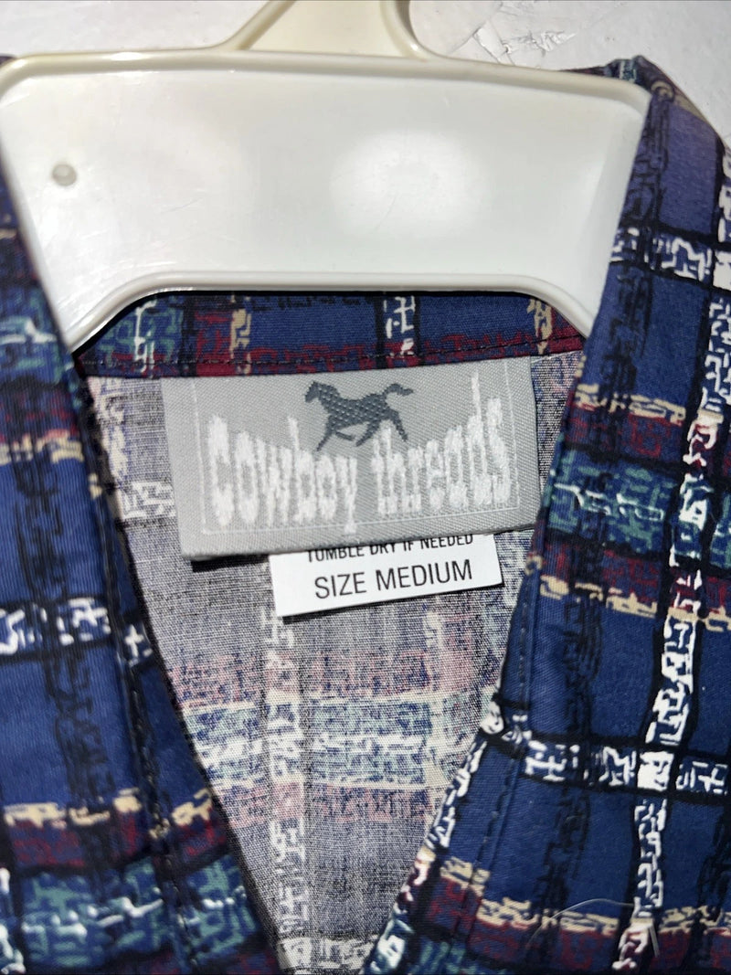 New Women’s Cowboy Threads White Navy Plaid Long Sleeve Button Up M #7906 3C-41