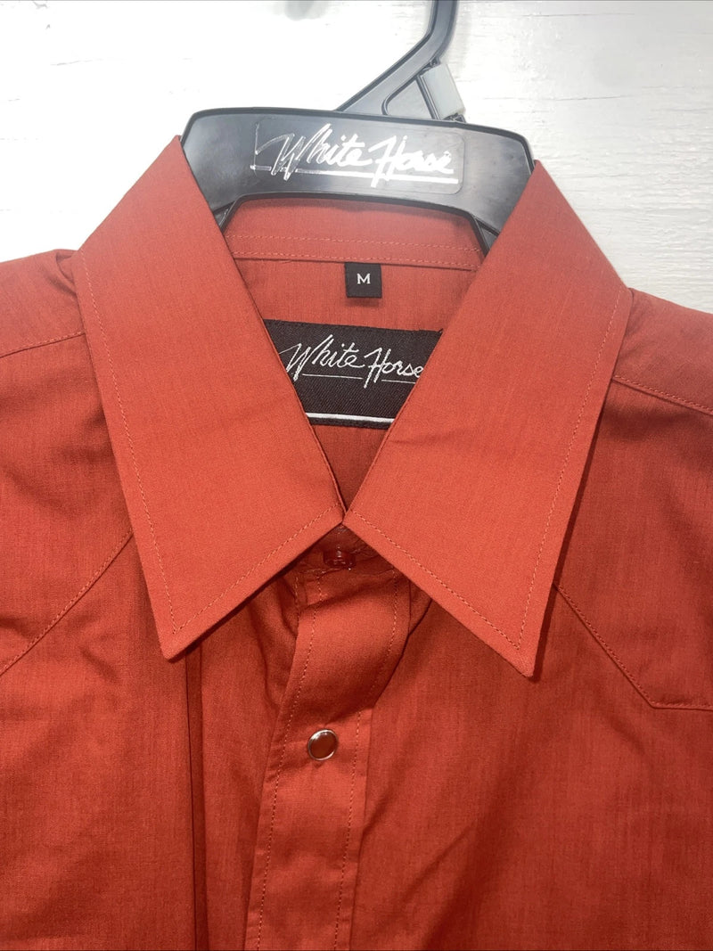 New Men’s White Horse Orange Long Sleeve Pearl Snap Medium B-113