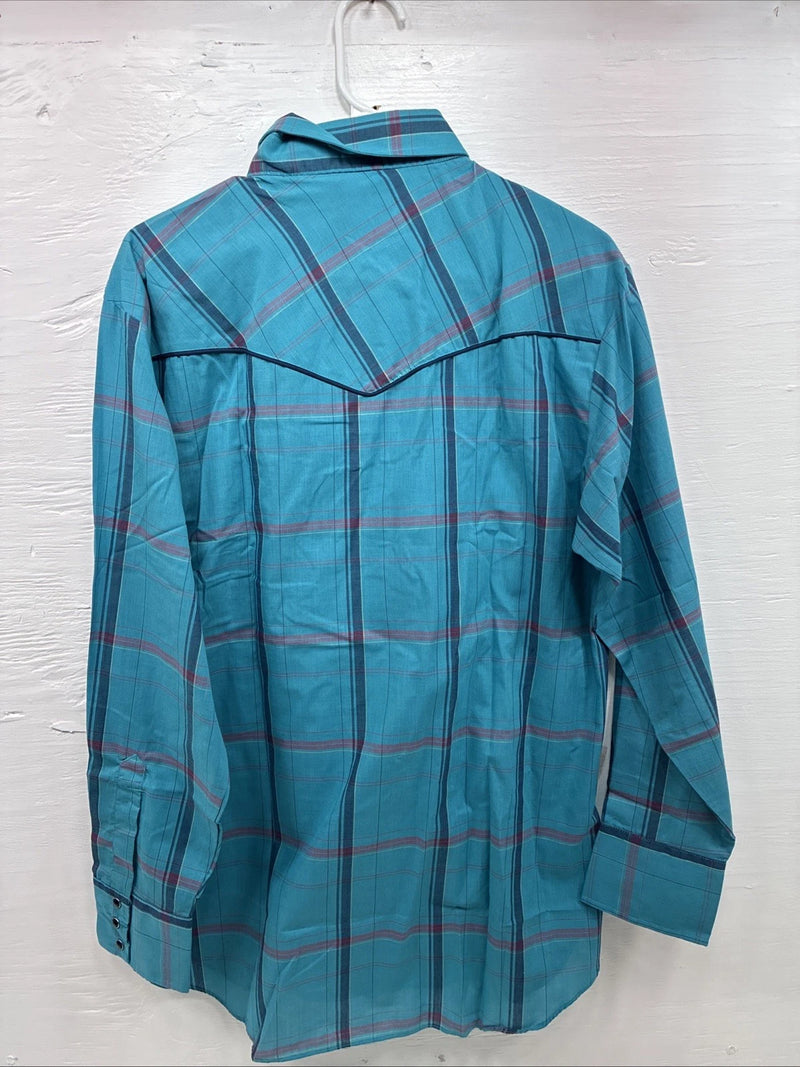 New Men’s ELY Diamond Blue Plaid Long Sleeve Pearl Snap Large X-73
