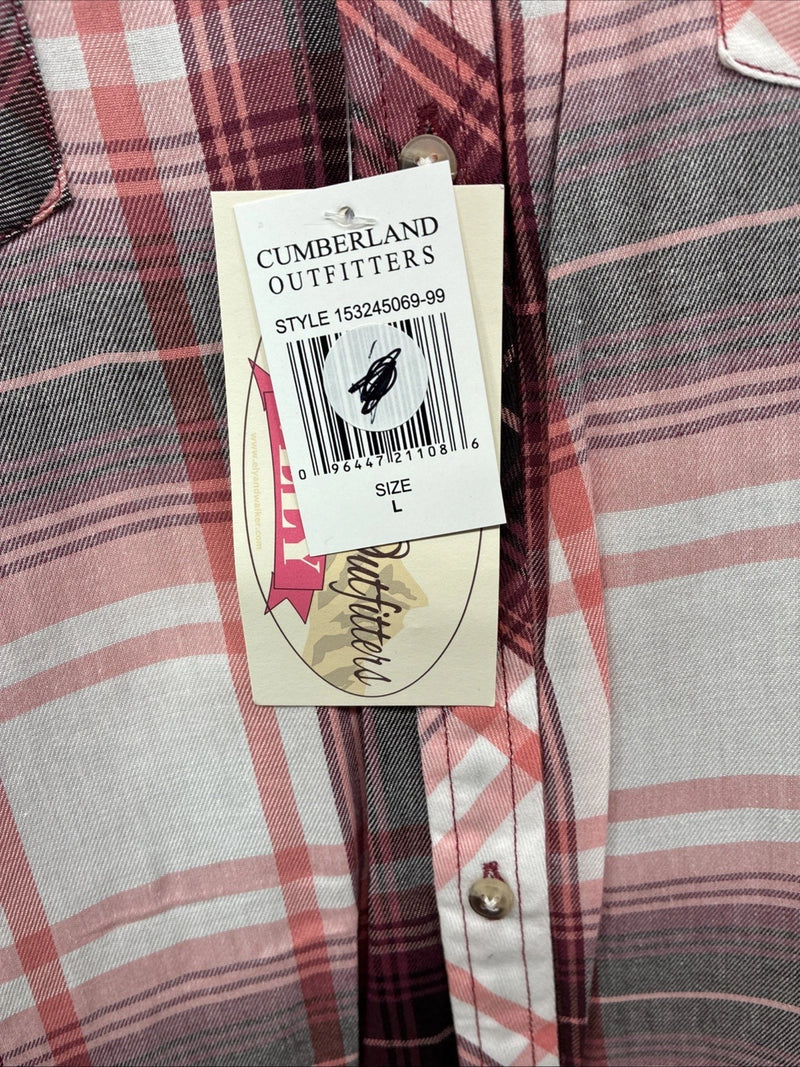 New Women’s Cumberland Pink Plaid Design Long Sleeve Pearl Snap Large II-105