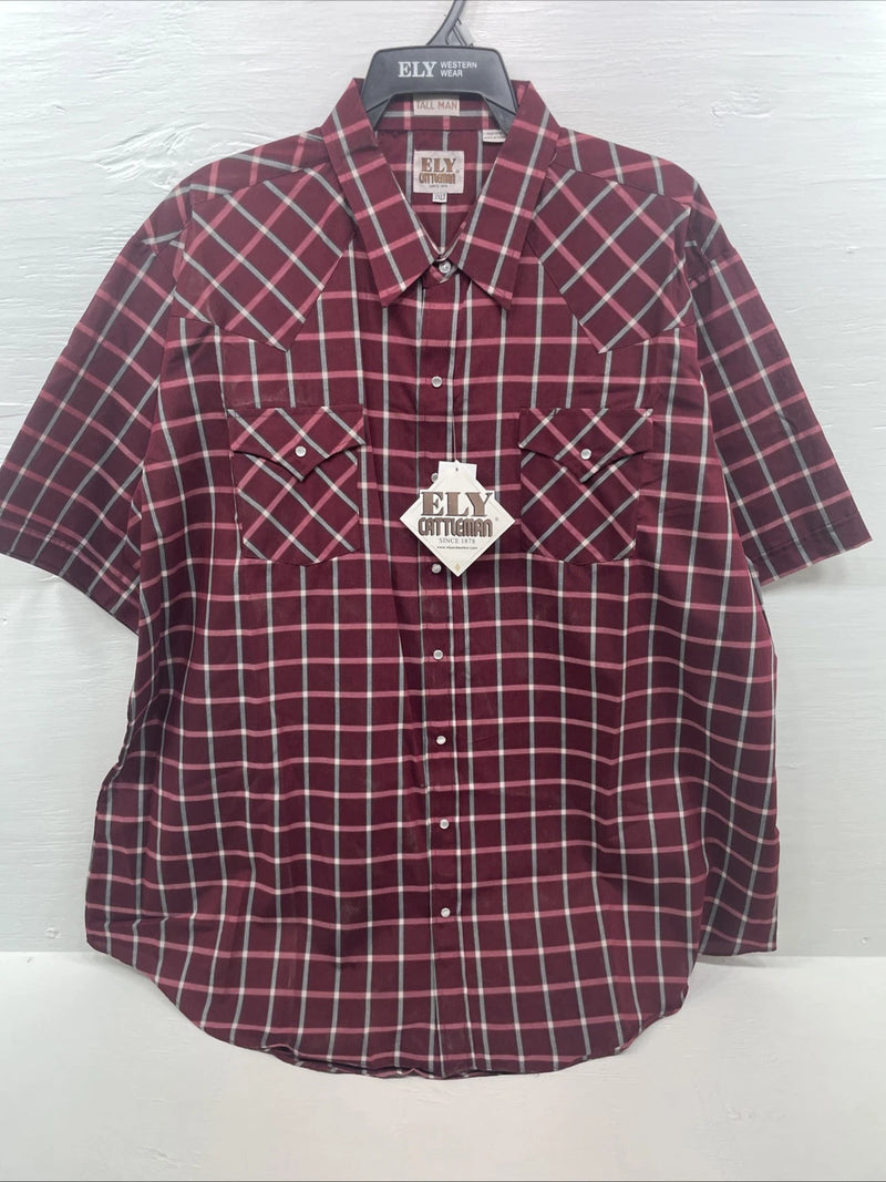 New Men’s ELY Cattleman Pink Short Sleeve Pearl Snap 3XL E-30 