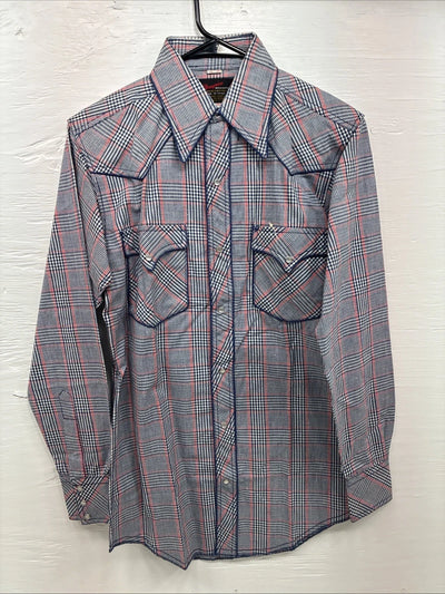 New Men’s Champion Westerns Blue Red Plaid Long Sleeve Pearl Snap 14 Small R-26