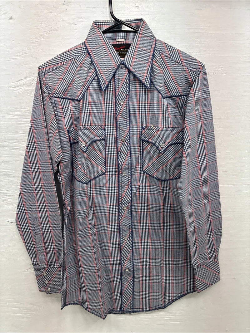 New Men’s Champion Westerns Blue Red Plaid Long Sleeve Pearl Snap 14 Small R-26