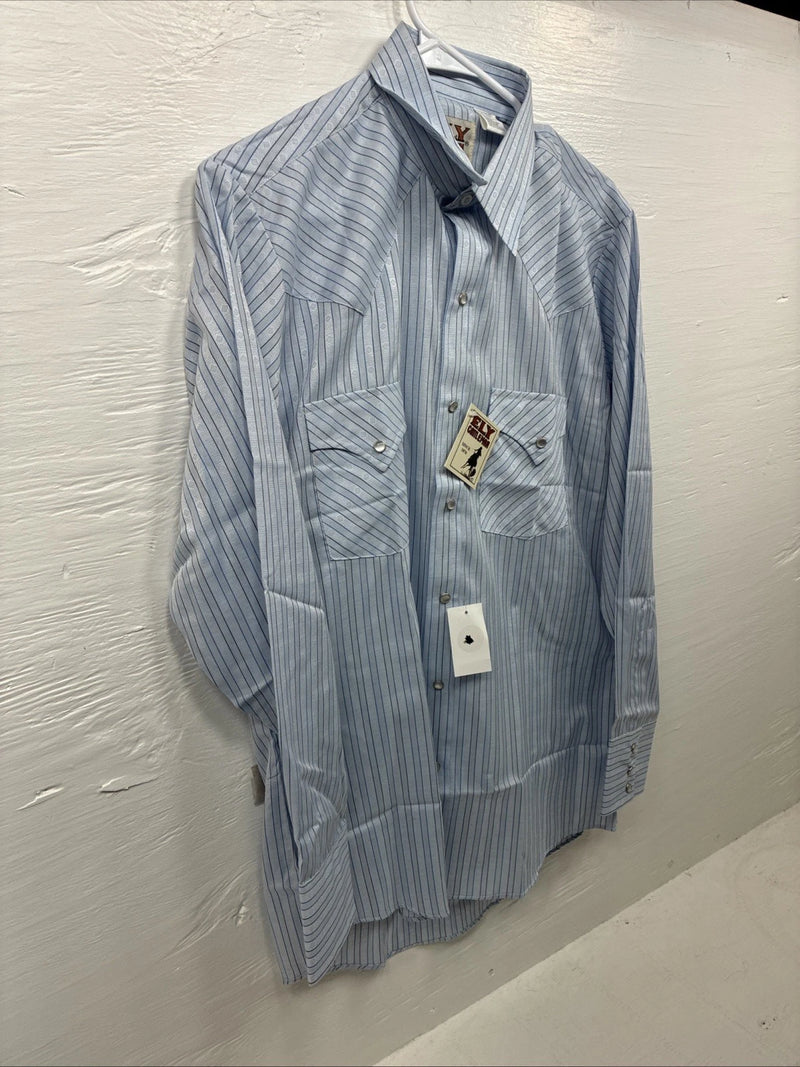 New Men’s ELY Cattleman Blue Stripe Long Sleeve Pearl Snap 15 Medium AA-72