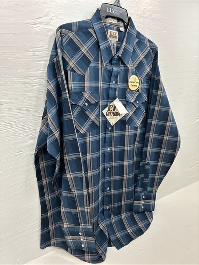 New Men’s ELY Cattleman Blue Flannel Long Sleeve Pearl Snap 2XLT F-60