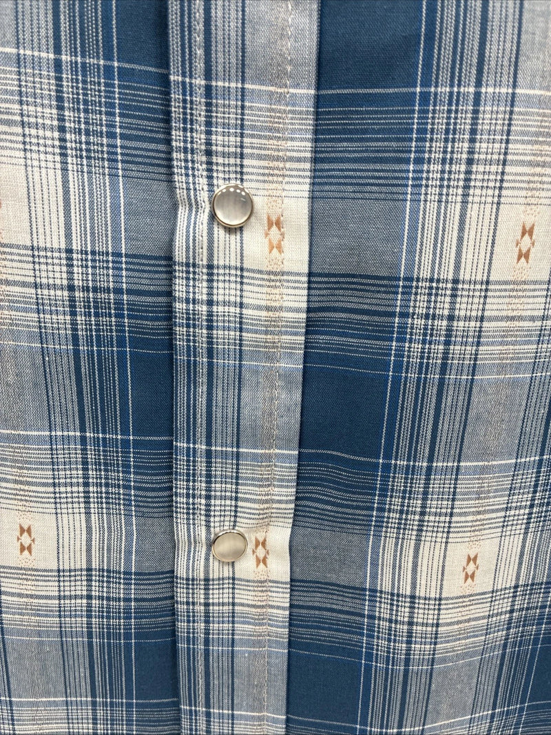 New Men’s ELY Cattleman Blue White Plaid Long Sleeve Pearl Snap XL T-44