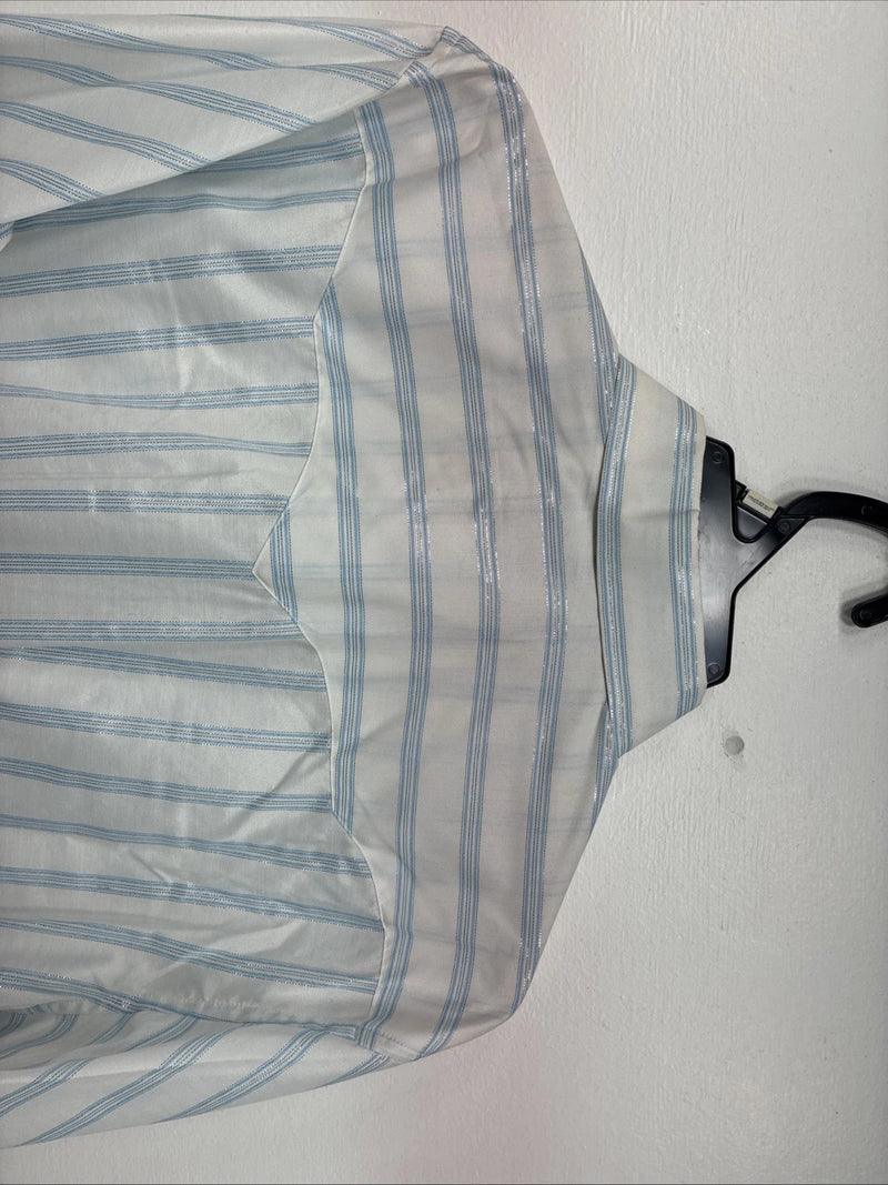 New Women’s White Horse White Blue Stripe Long Sleeve Pearl Snap Large GG-72