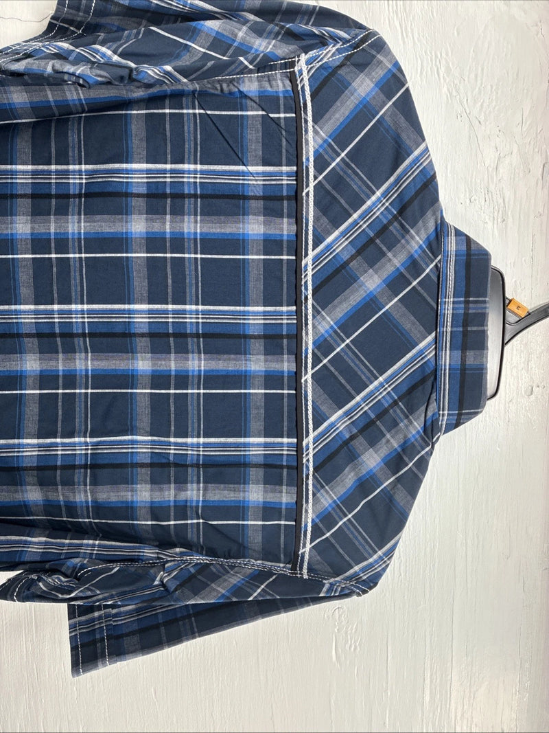 New Men’s ELY 1878 Blue Black Plaid Short Sleeve Pearl Snap Medium J-91