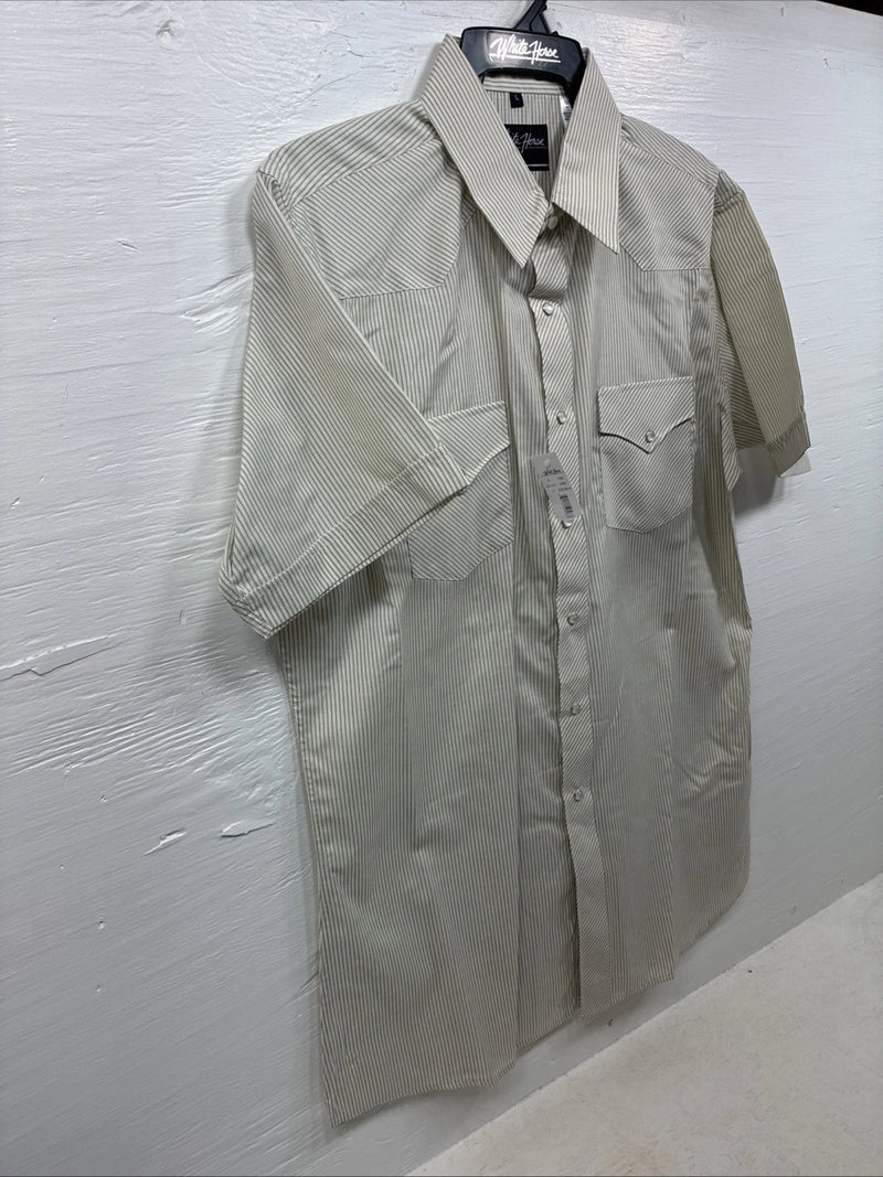 New Men’s White Horse Yellow Stripe Short Sleeve Pearl Snap Large CC-45