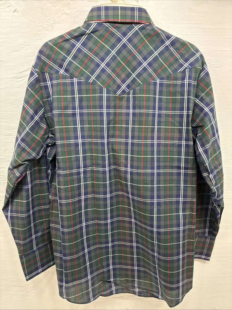 New Men’s ELY Plains Green Blue Plaid Long Sleeve Pearl Snap 16.5 Large Q-85