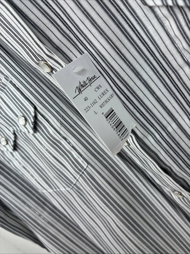 New Women’s White Horse Black Gray Stripe Long Sleeve Pearl Snap Large II-12