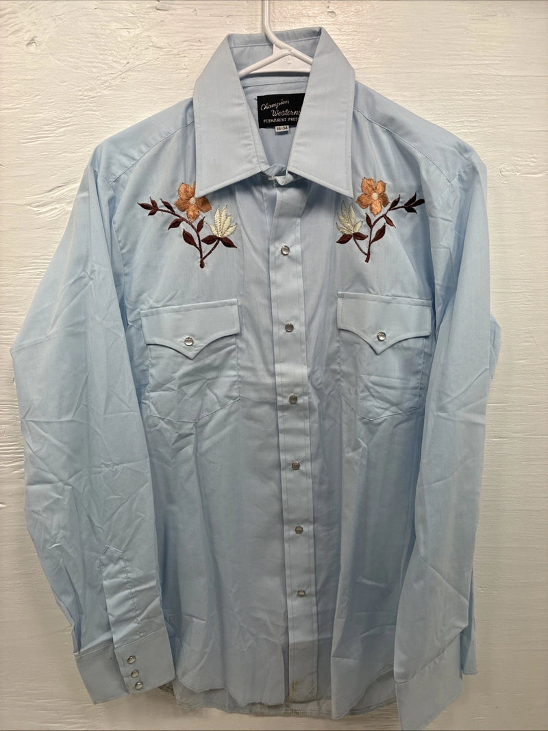 New Men’s Champion Western Blue Floral Long Sleeve Pearl Snap 16 X 34 Large