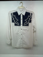 New Women’s Blue White & Bling H Bar C Long Sleeve Button Up Shirt #20119 3B-40