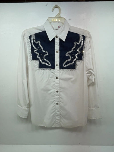 New Women’s Blue White & Bling H Bar C Long Sleeve Button Up Shirt #20119 3B-40