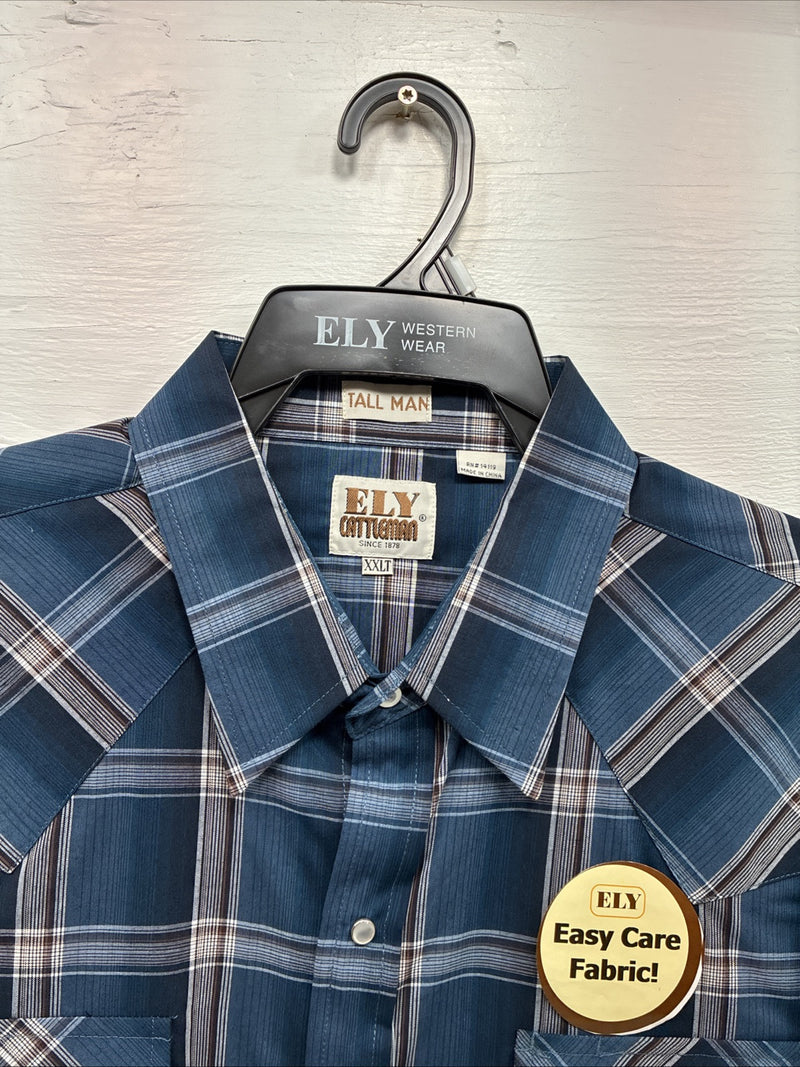 New Men’s ELY Cattleman Blue Flannel Long Sleeve Pearl Snap 2XLT F-60