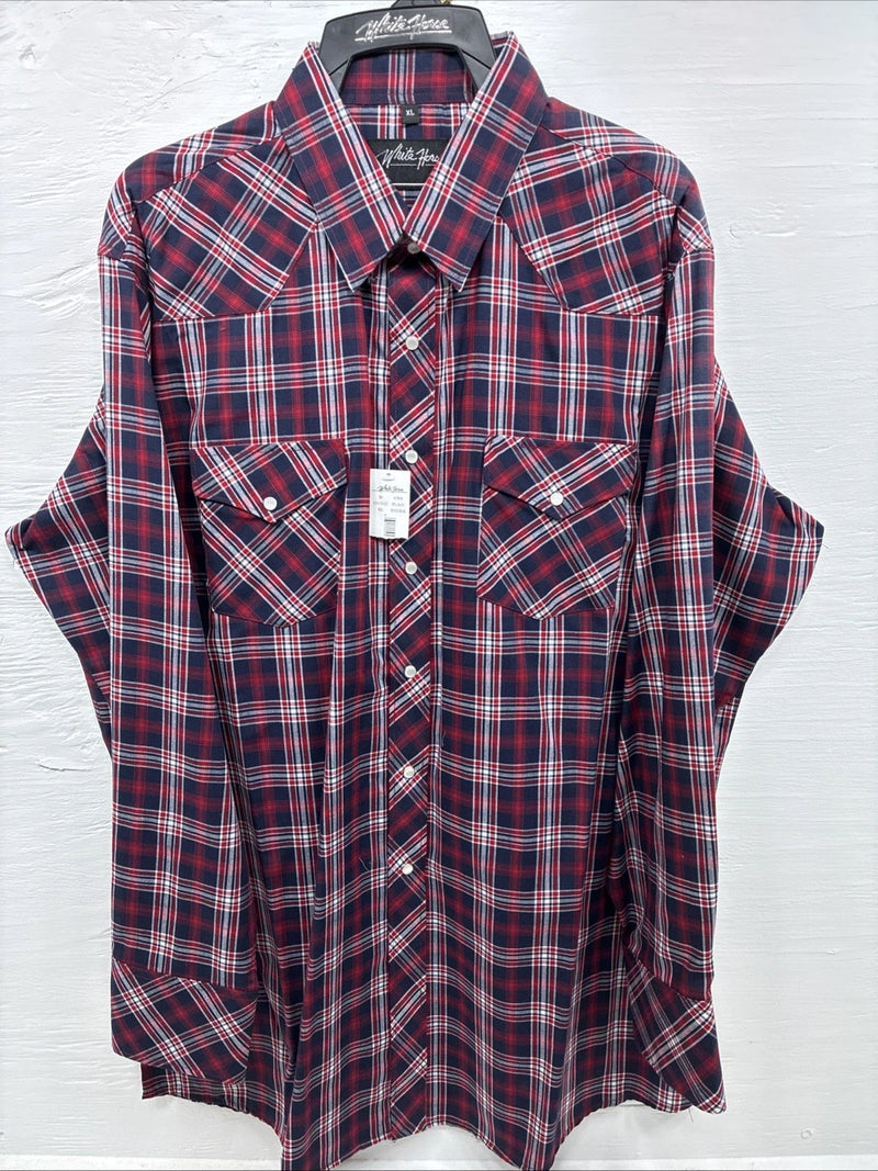 New Men’s White Horse Red Navy Blue Plaid Long Sleeve Pearl Snap XL H-78