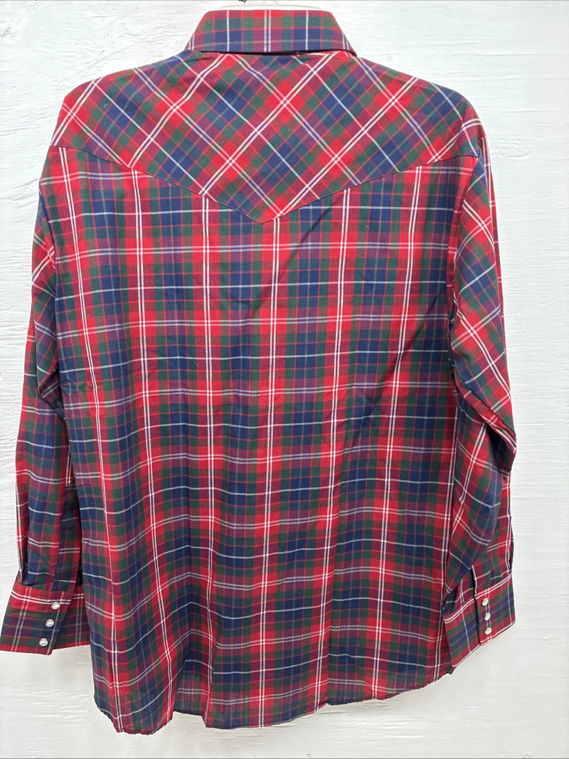 New Men’s ELY Plains Red Blue Plaid Long Sleeve Pearl Snap 16 Large Q-22
