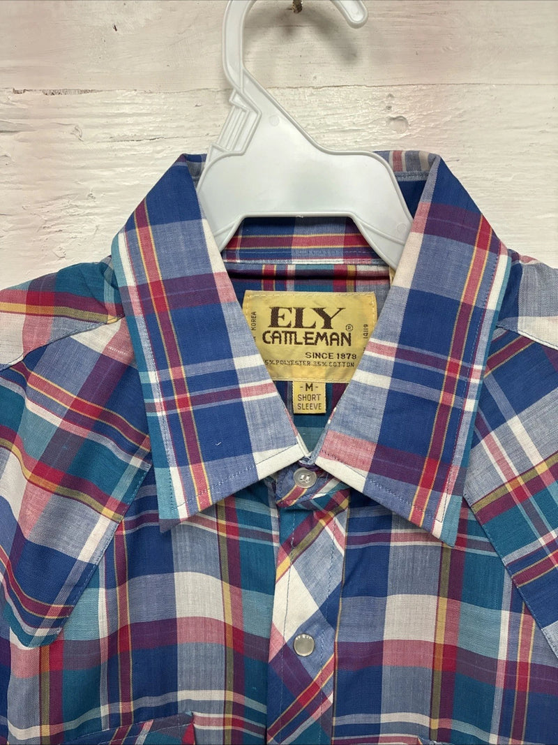 New Men’s ELY Cattleman Purple Plaid Short Sleeve Pearl Snap Medium CC-15