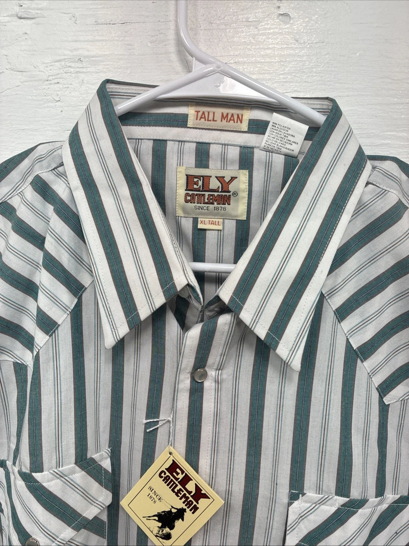 New Men’s ELY Cattleman Blue White Stripe Short Sleeve Pearl Snap XL M-21