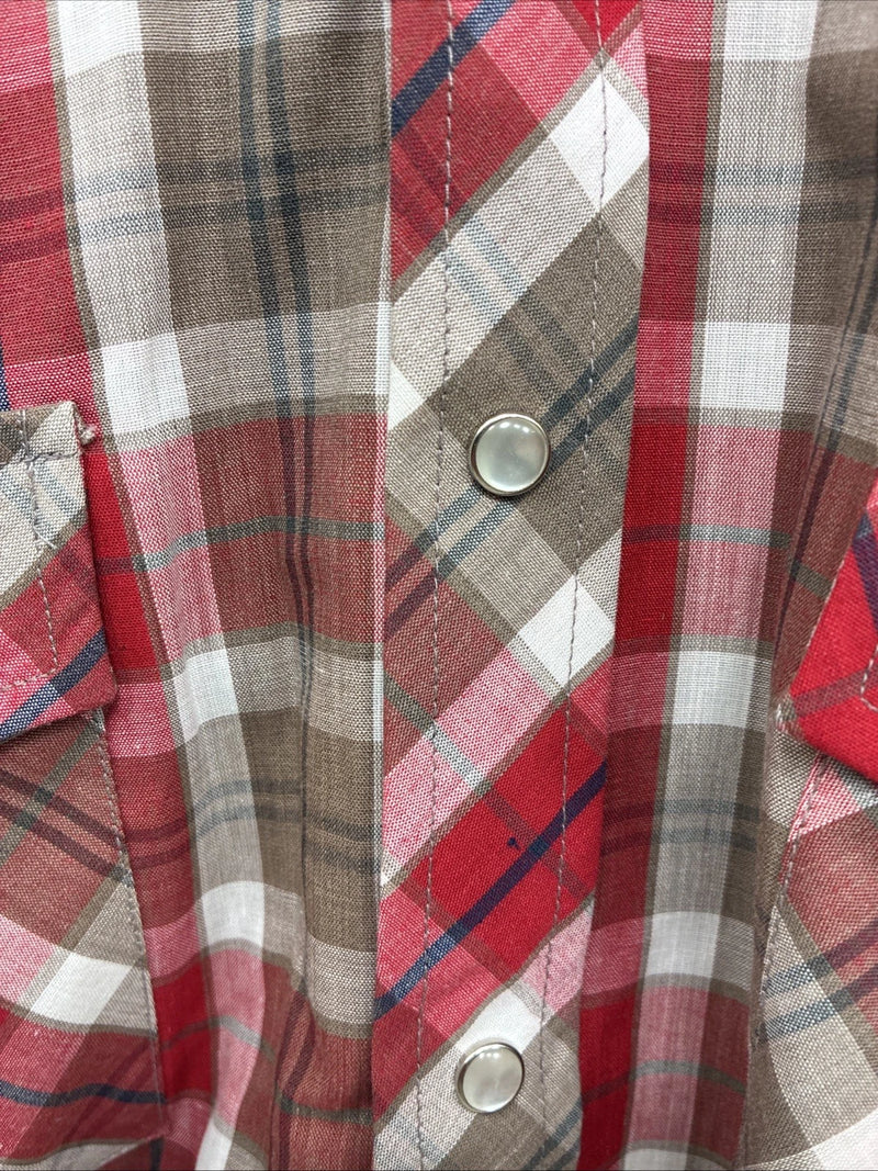 New Men’s ELY Plains Red Brown Plaid Long Sleeve Pearl Snap Medium X-42