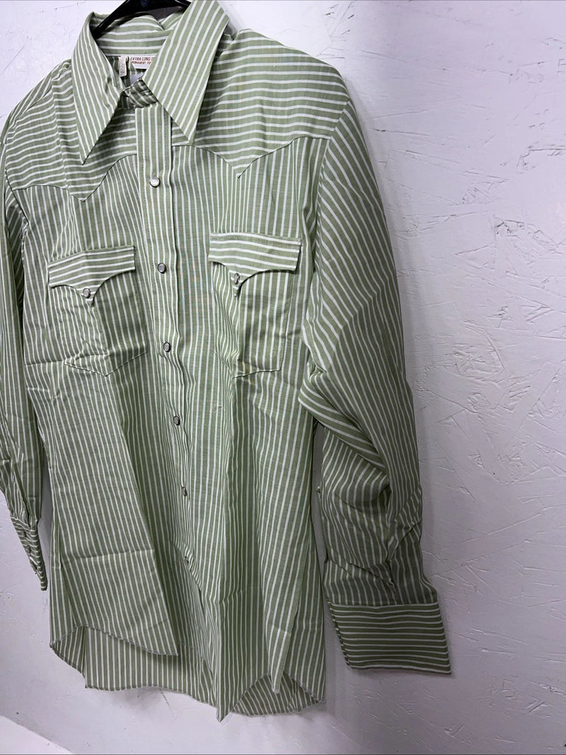 New Men’s Green Stripped Miller Long Sleeve Pearl Snap Shirt 15.5x32 M P-77