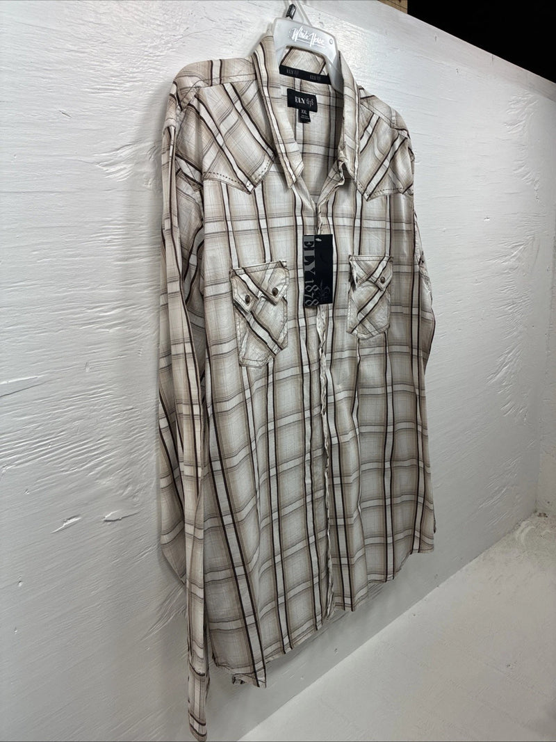 New Men’s ELY 1878 Brown White Plaid Long Sleeve Pearl Snap 2XL R-27