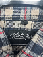 New Men’s White Horse Brown Blue Plaid Long Sleeve Pearl Snap Large V-102