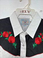 New Women’s Country Charmer White Rose Design Long Sleeve Pearl Snap Large KK-86