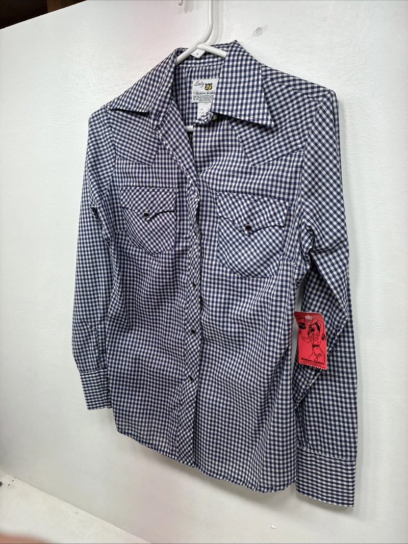 New Women’s Dickson Jenkins Blue Checker Long Sleeve Pearl Snap Size 32 MM-92