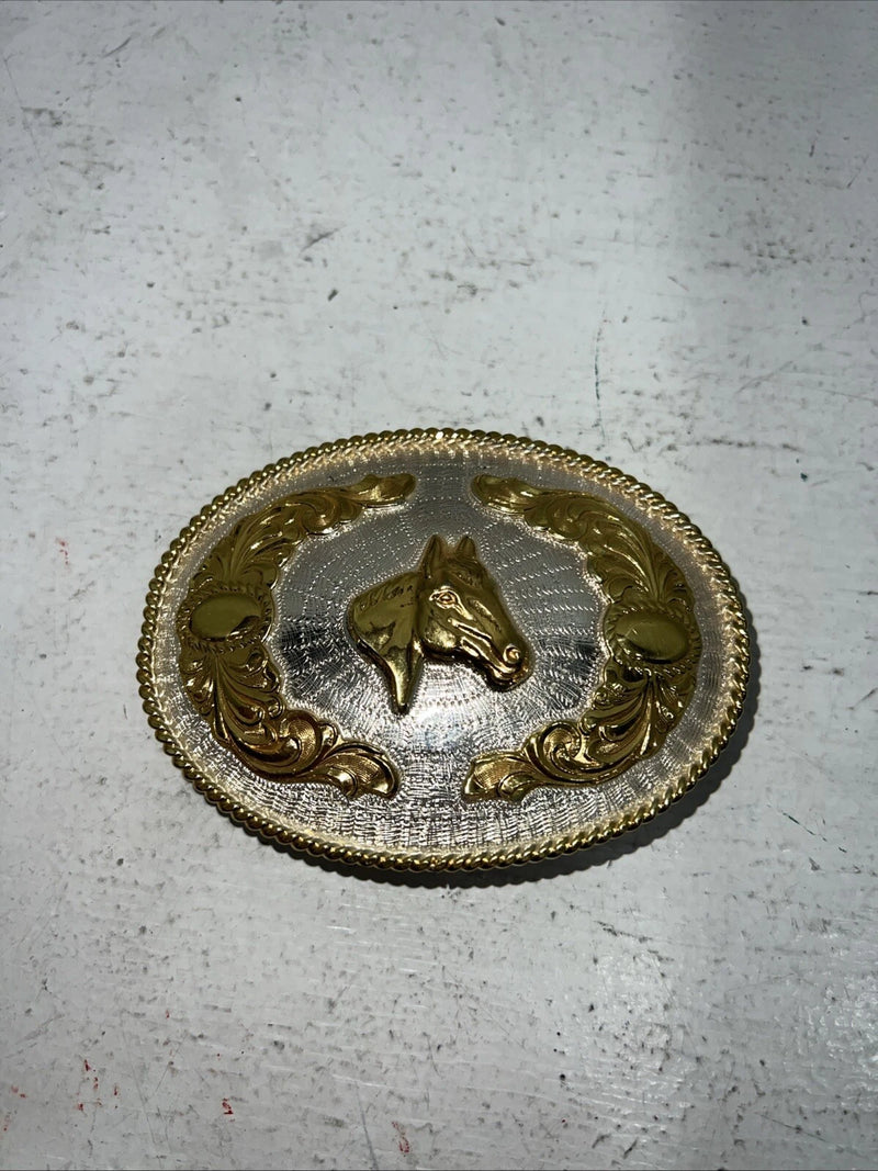 New Women’s Justin Gold Silver Horse Head belt Buckle. F-9